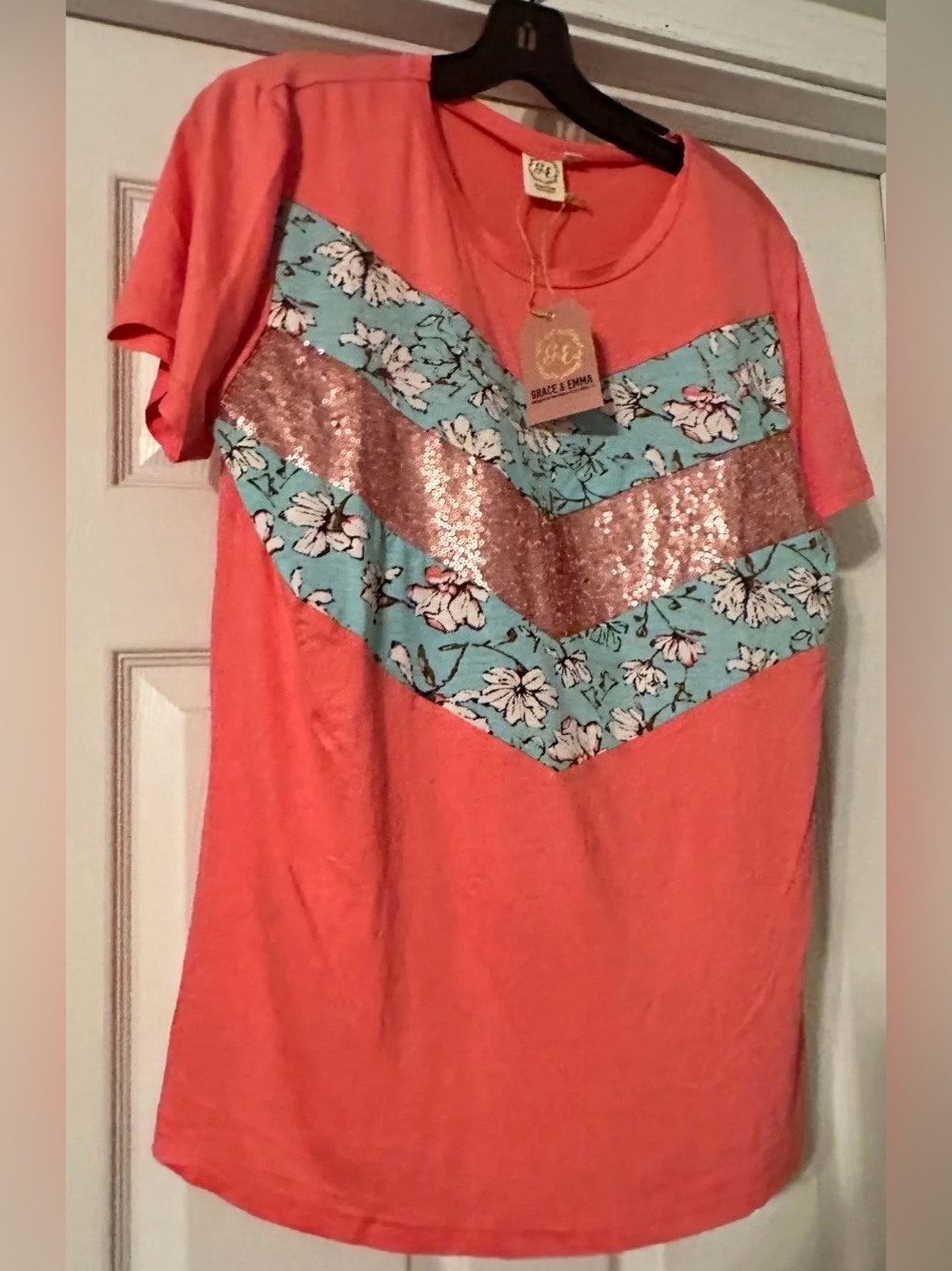 Grace & Emma Coral Tee with Floral Chevron and Sequin